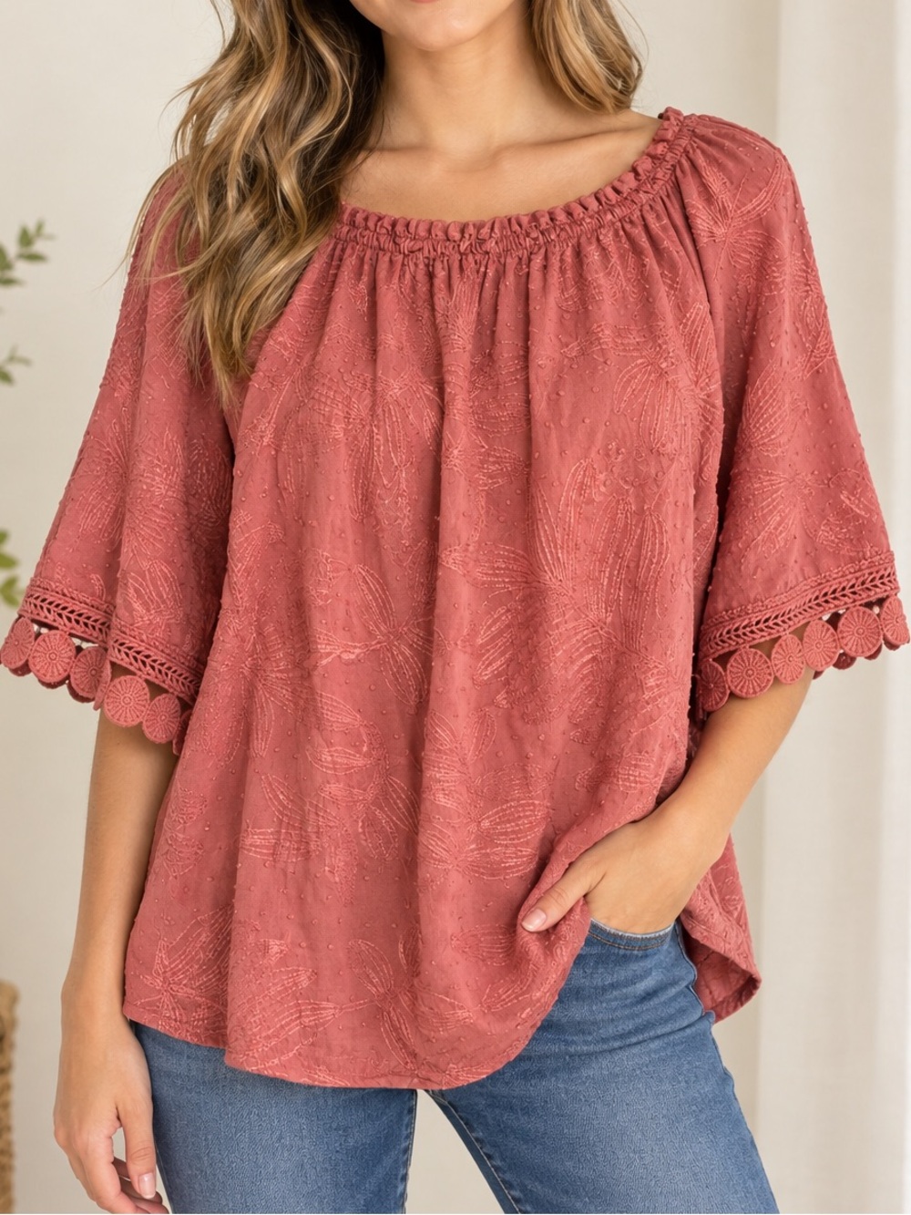 Made in Italy Boho Embroidered Tunic Top Dusty Rose Floral Crochet Trim